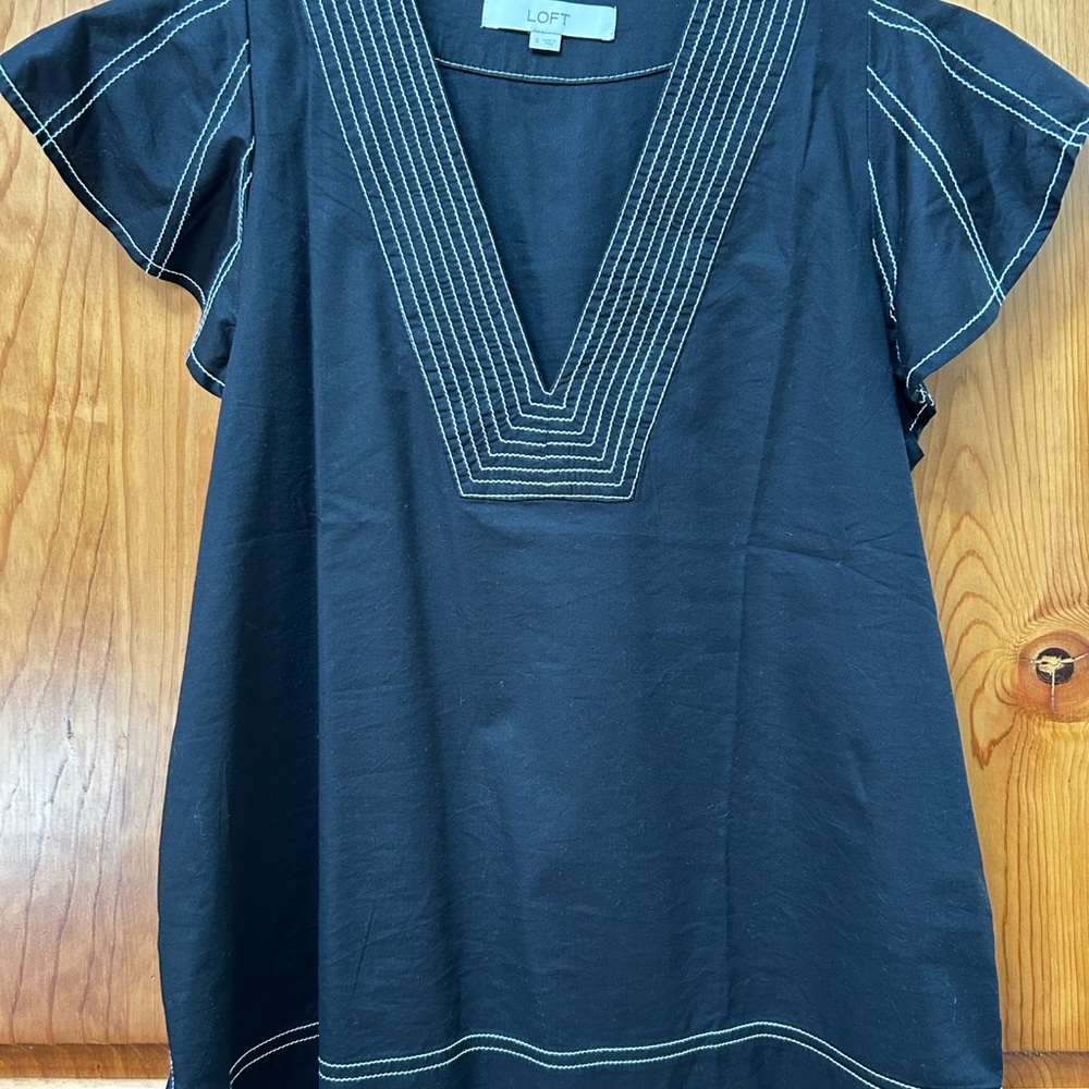 LOFT Black Cap Sleeve Blouse with White Stitching